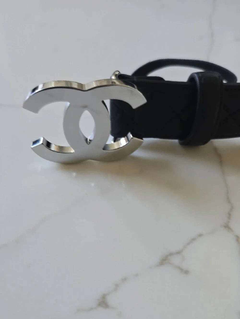 Black Quilted Leather Belt with Silver Interlocking Logo Buckle